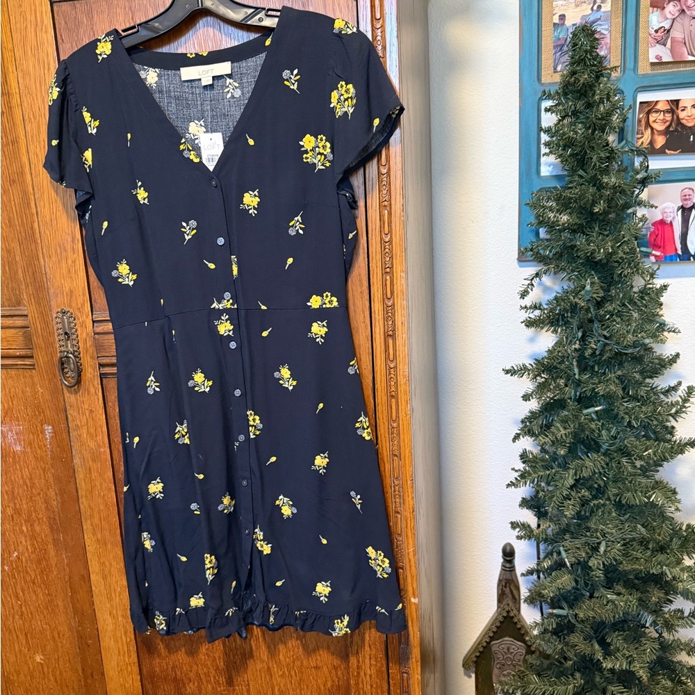 LOFT Navy Dress with Yellow Floral Pattern